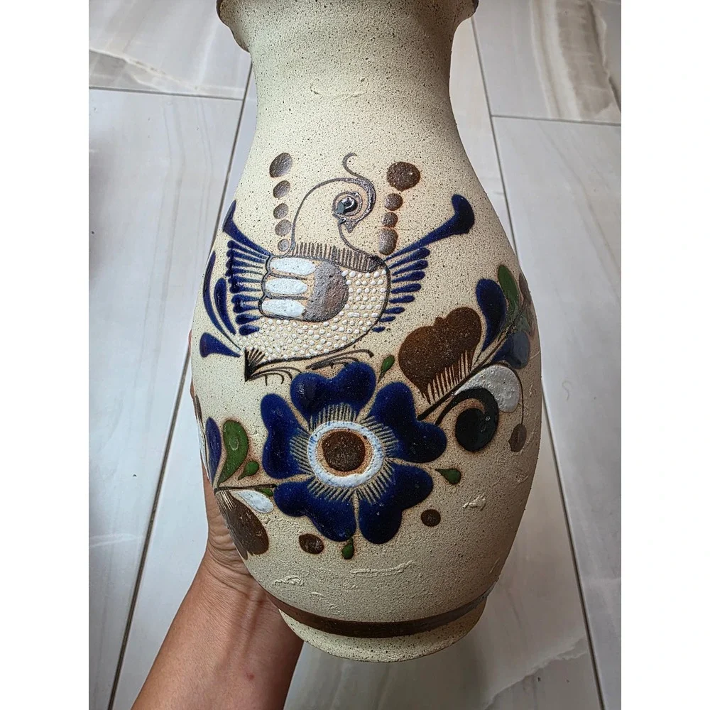 Vintage Tonala Mexican Pottery Vase Hand Painted Bird Floral Scalloped‎ 9.25